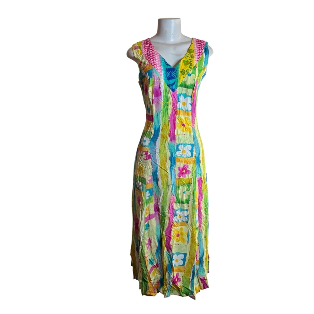 Jams World Floral Maxi Dress V Neck Sleeveless Vintage Hawaiian Tropical Summer